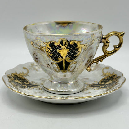 Vintage Royal Sealy Japan Black and Gold Lusterware Footed Cup and Saucer Set /cb