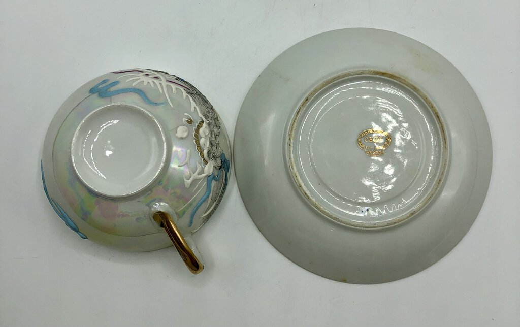 Vtg Japanese Dragonware Moriage Lithophane Teacup & Saucer /b