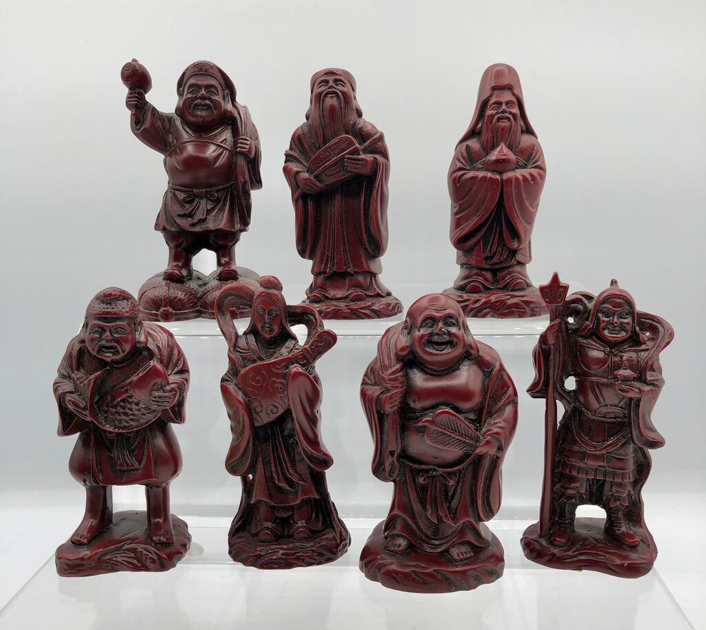 Vtg Red Resin 7 Chinese Gods of Good Fortune /b