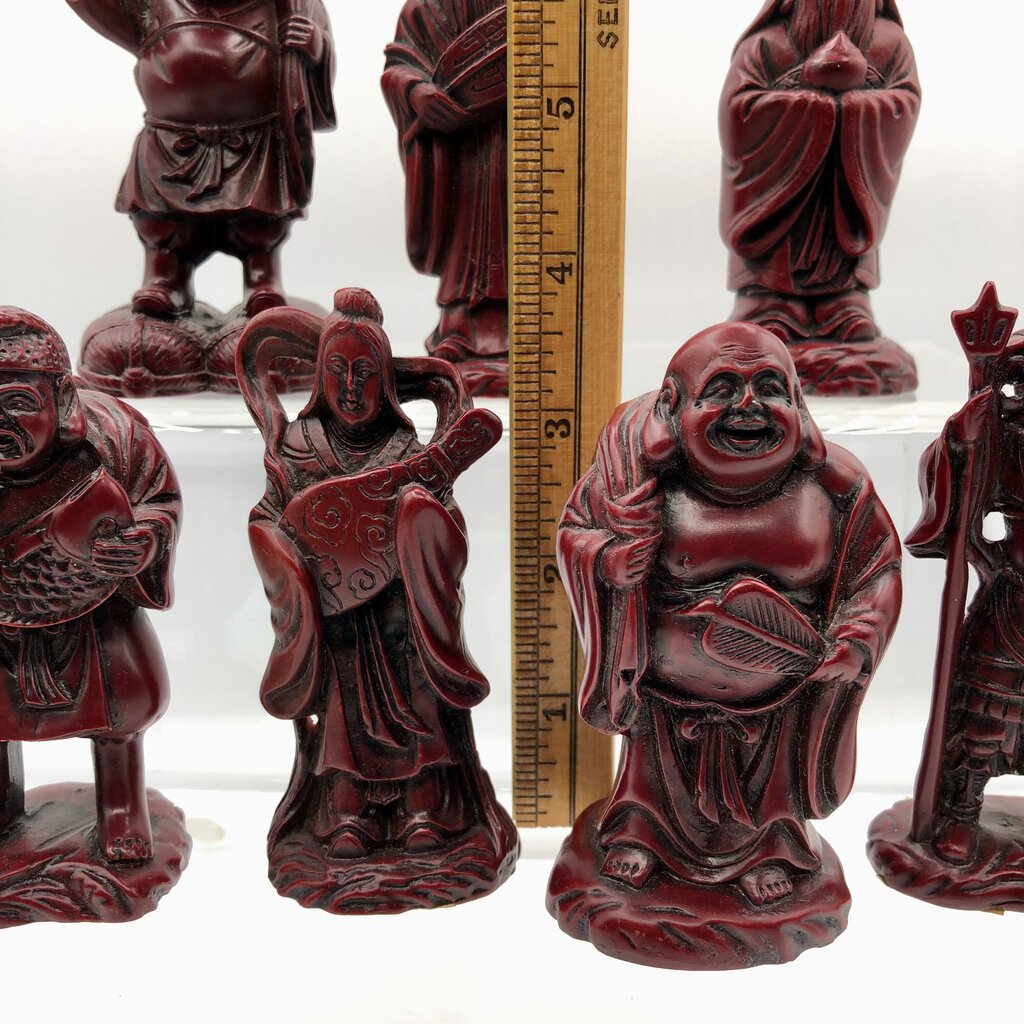 Vtg Red Resin 7 Chinese Gods of Good Fortune /b