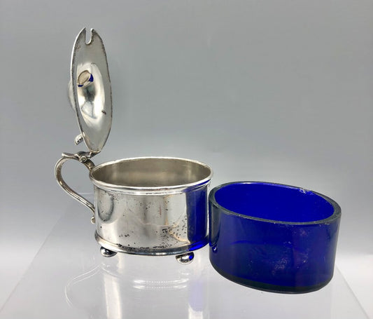 Antique Walker & Hall Birmingham Sterling Silver Mustard Pot w/ Cobalt Glass Insert /b