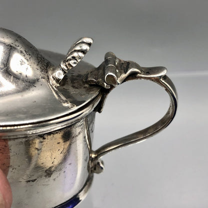 Antique Walker & Hall Birmingham Sterling Silver Mustard Pot w/ Cobalt Glass Insert /b