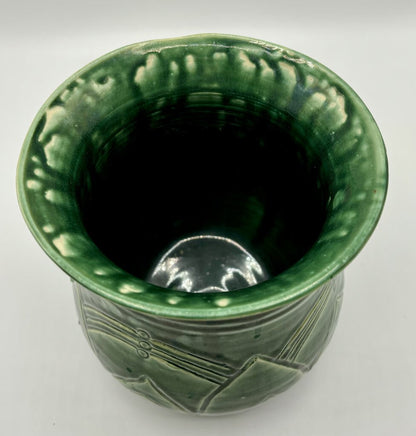 Handmade Green Incised Pottery Vase/Planter /j