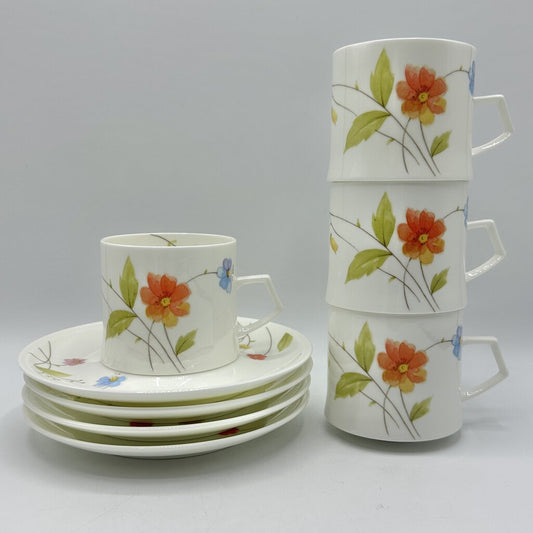 4 Vintage Mikasa JUST FLOWERS Bone China Cup and Saucer Sets /cb