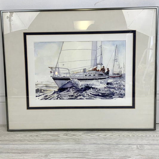 Vintage S.D. Meyers Framed Watercolor Painting Full Genny 09/81 Vintage Nautical Artwork /cb