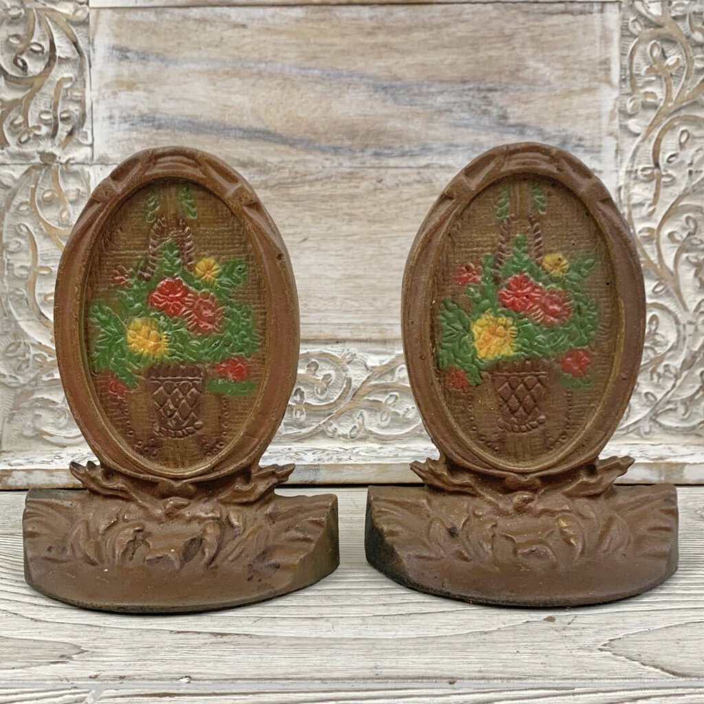 Antique Cast Iron Oval Flower Basket Medallions Bookends/Doorstops /cb