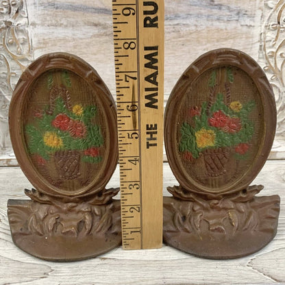 Antique Cast Iron Oval Flower Basket Medallions Bookends/Doorstops /cb