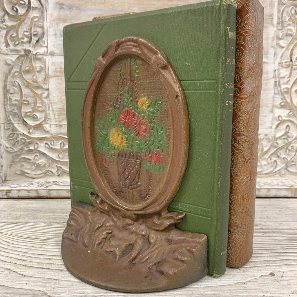 Antique Cast Iron Oval Flower Basket Medallions Bookends/Doorstops /cb