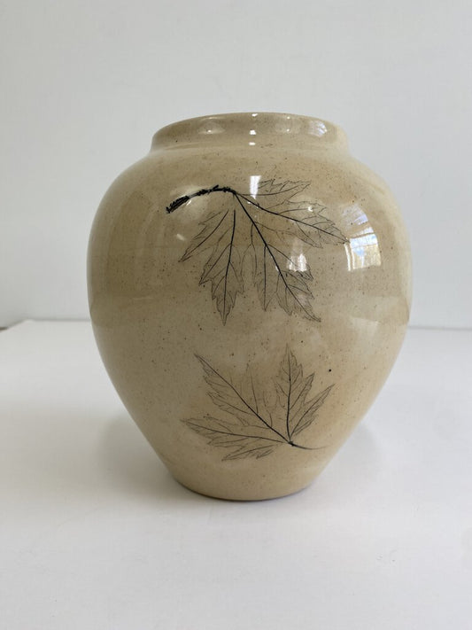 Nemadji Pottery Vase 8” Beige w/Etched Maple Leaves /rw