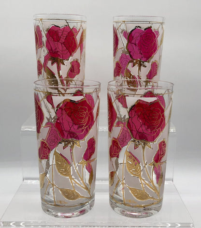 Set of 4 MCM Cora Rose & 22k Gold High Ball Glasses Tumbler /b