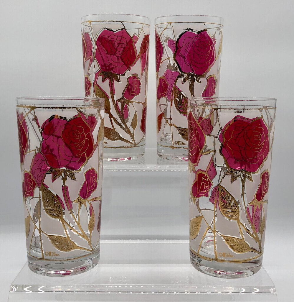 Set of 4 MCM Cora Rose & 22k Gold High Ball Glasses Tumbler /b