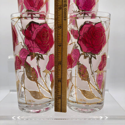 Set of 4 MCM Cora Rose & 22k Gold High Ball Glasses Tumbler /b