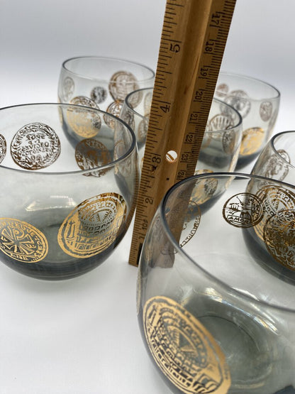 MCM Federal Glass Roma Coin Roly Poly Cocktail Glasses set of 6 /ro