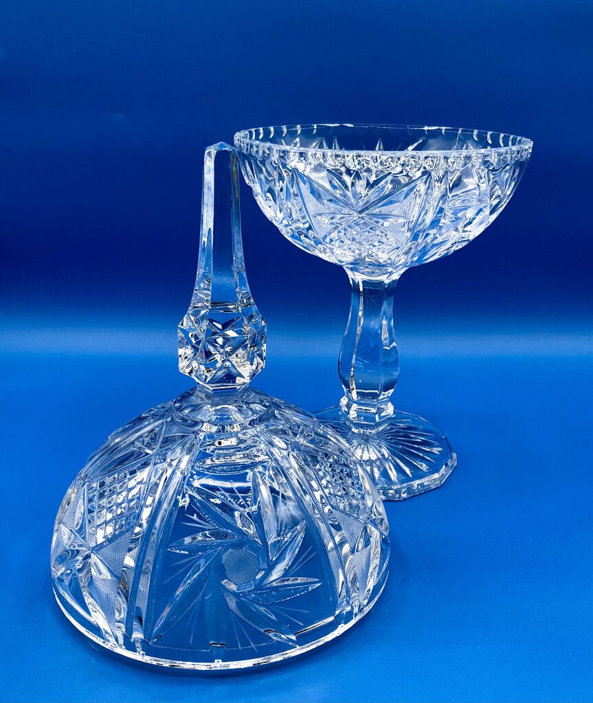 Vintage Cut Lead Crystal Ball & Spire Covered Bon Bon Dish /b