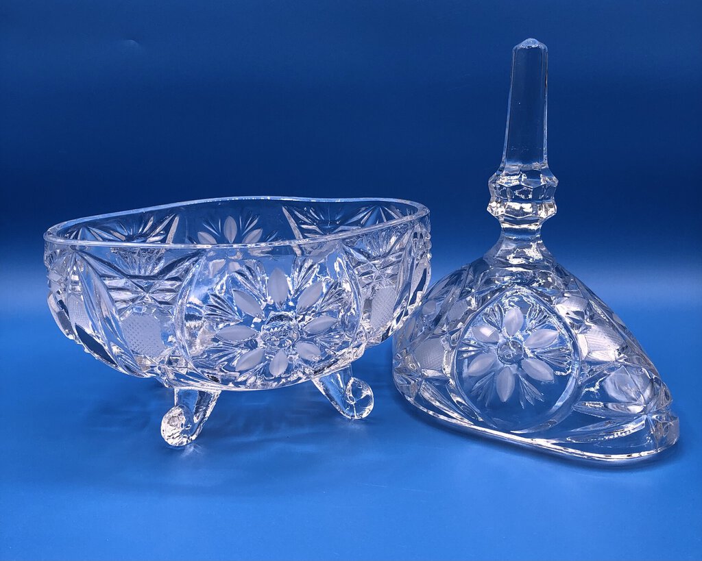 Vintage Bohemia Cut Glass Oval Footed Dish w/ Steeple Lid /b