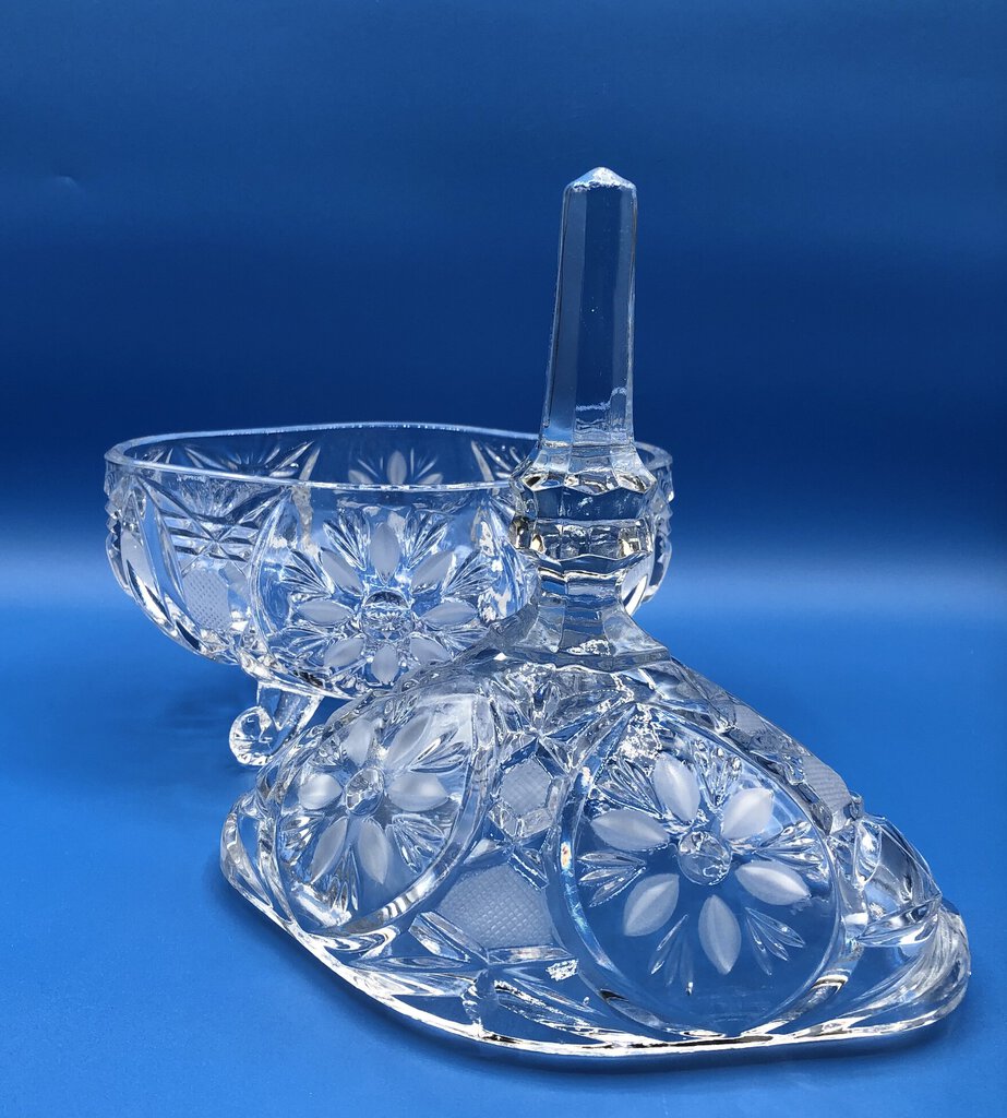 Vintage Bohemia Cut Glass Oval Footed Dish w/ Steeple Lid /b