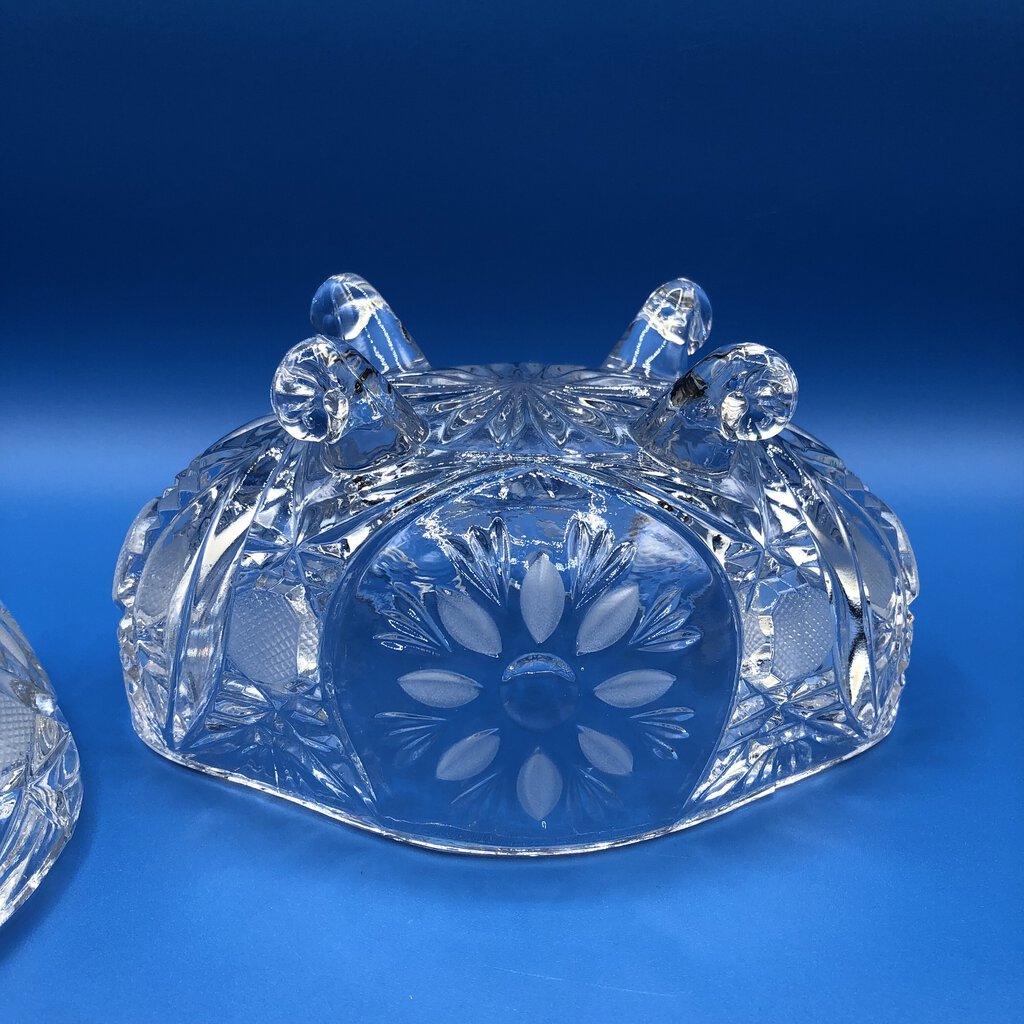 Vintage Bohemia Cut Glass Oval Footed Dish w/ Steeple Lid /b