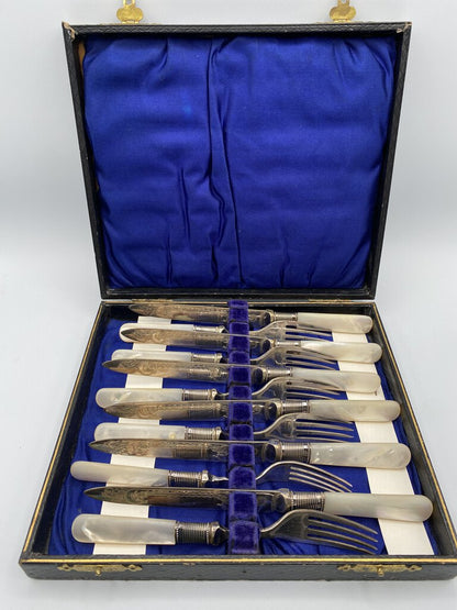 12 PCs Antique Box Set Silver Plate Mother of Pearl Handles Knives & Forks Embossed Blade /rw