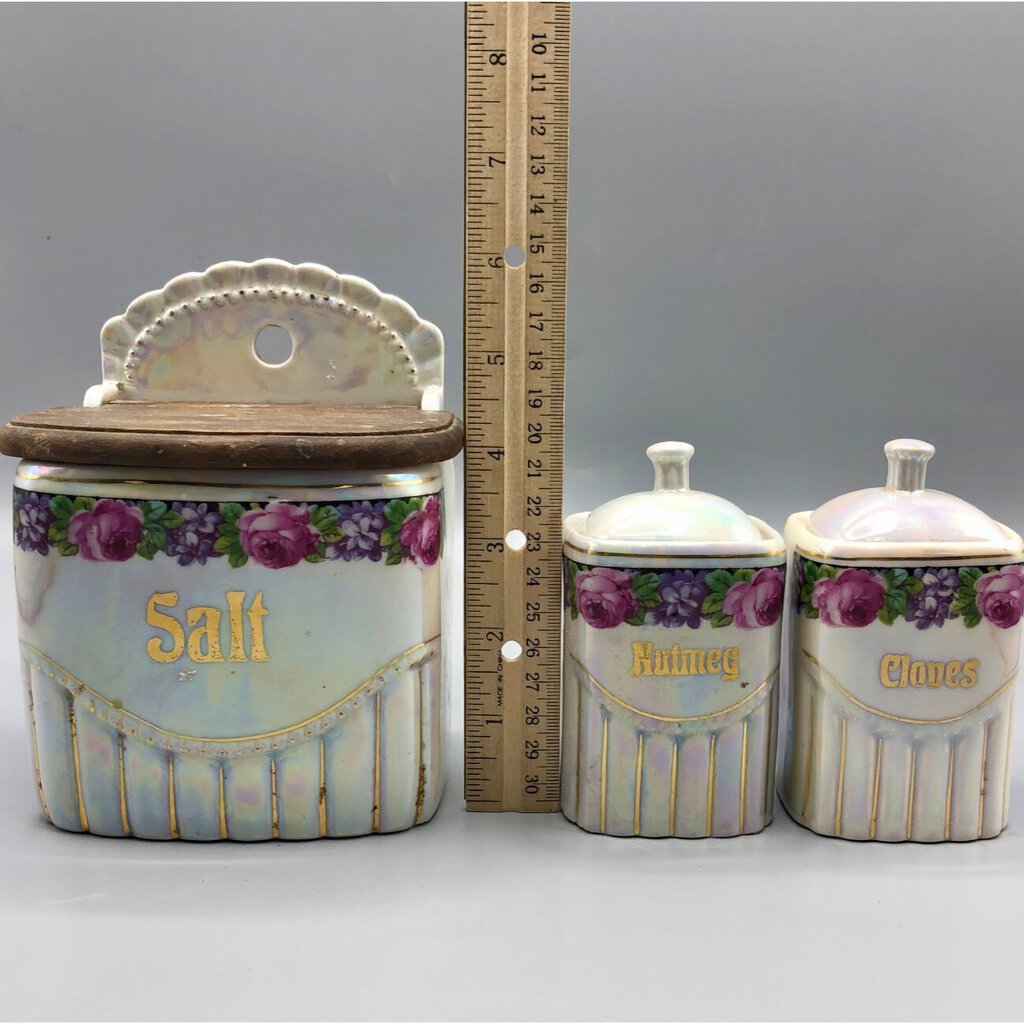 Antique Lusterware Germany Iridescent Floral Canister Set Farmhouse Kitchen /b