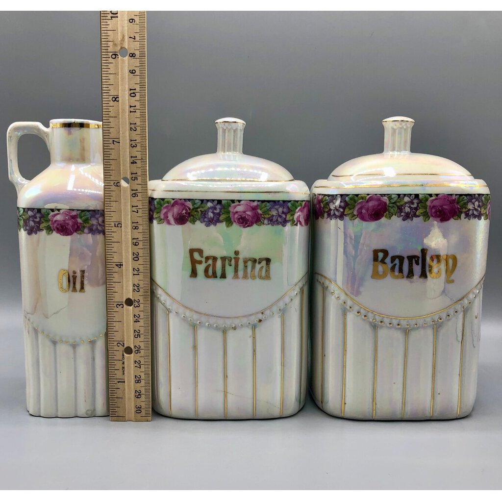 Antique Lusterware Germany Iridescent Floral Canister Set Farmhouse Kitchen /b