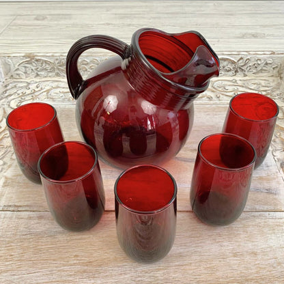 Vintage Anchor Hocking Royal Ruby Slant Pitcher and Roly Poly 4 oz. Juice Tumblers Set/6 /cb