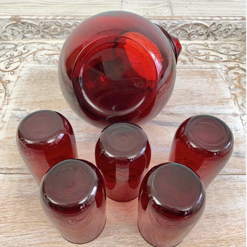 Vintage Anchor Hocking Royal Ruby Slant Pitcher and Roly Poly 4 oz. Juice Tumblers Set/6 /cb