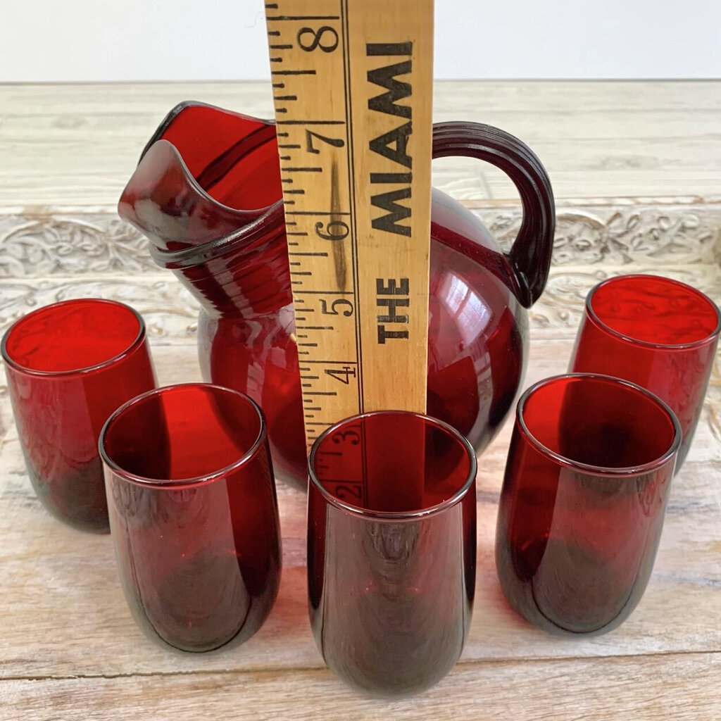 Vintage Anchor Hocking Royal Ruby Slant Pitcher and Roly Poly 4 oz. Juice Tumblers Set/6 /cb