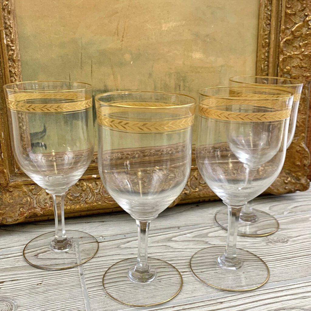 Vintage Crystal Gold Gilded Wine Glasses Set/4 /cb