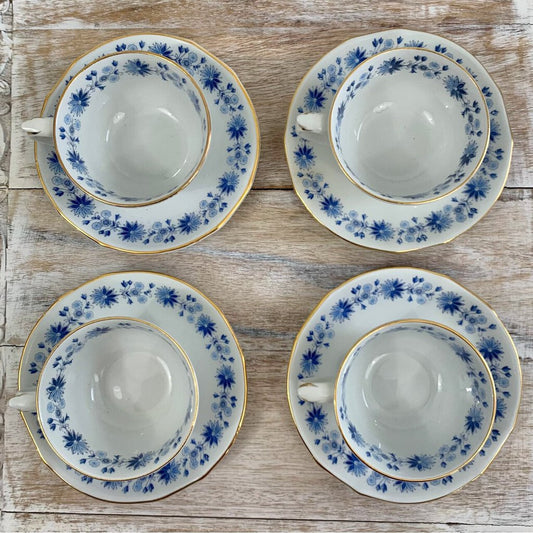 Vintage Arabia of Finland Blue Flower Teacups and Saucers Set/4, Mid-Century Scandinavian /cb