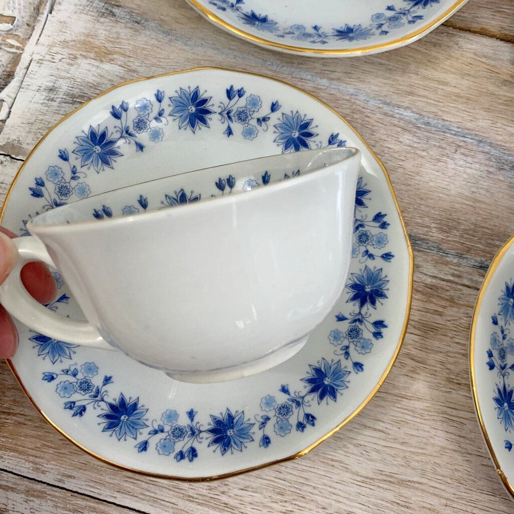 Vintage Arabia of Finland Blue Flower Teacups and Saucers Set/4, Mid-Century Scandinavian /cb