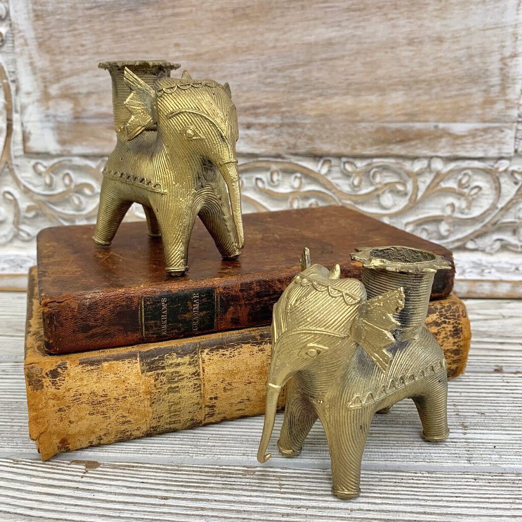 Vintage Brass DHOKRA Elephant Candlestick Pair /cb