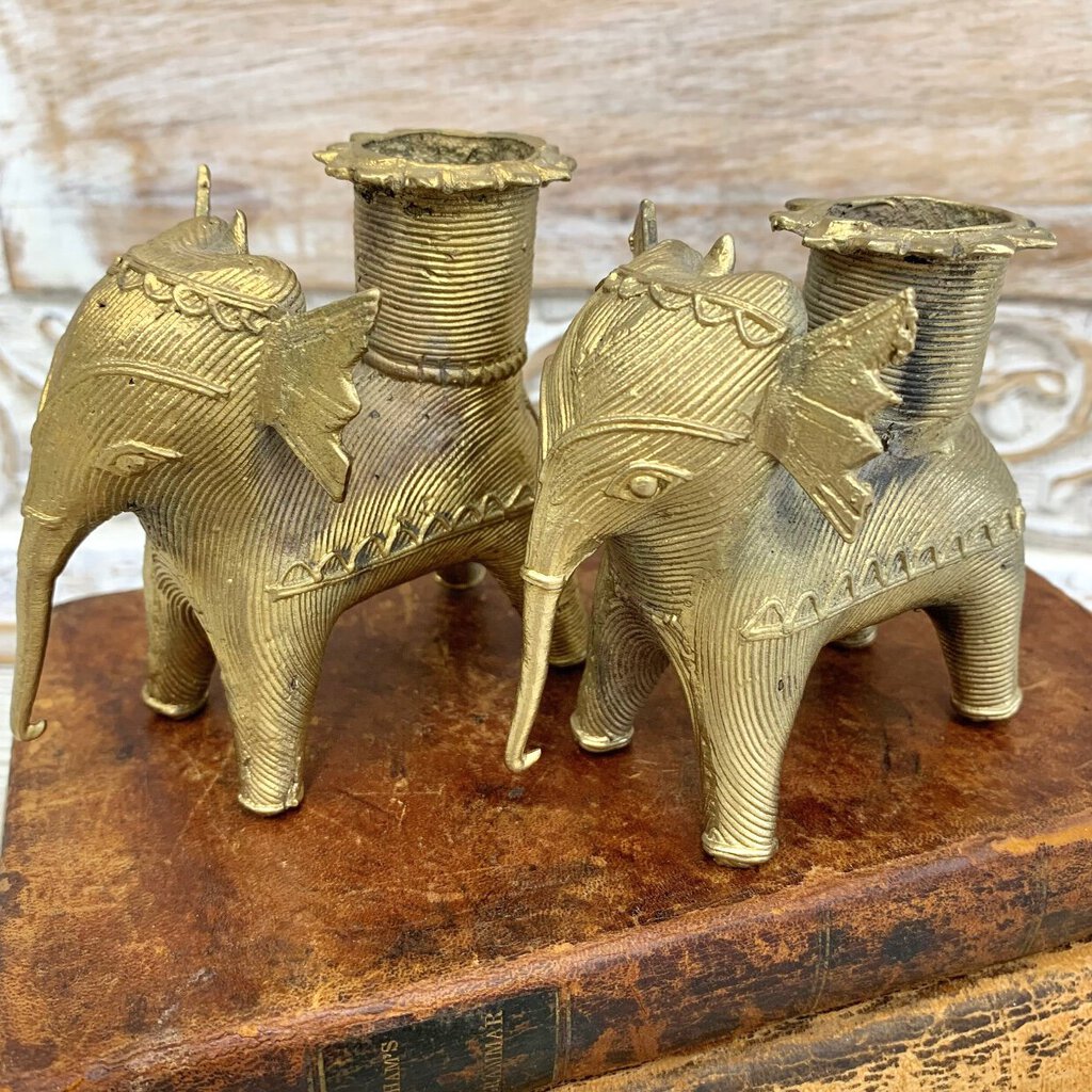 Vintage Brass DHOKRA Elephant Candlestick Pair /cb