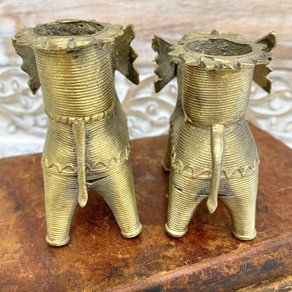 Vintage Brass DHOKRA Elephant Candlestick Pair /cb