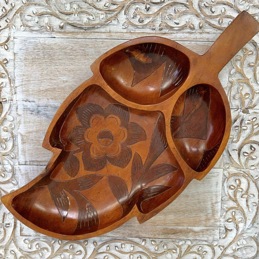 Vintage Carved Wood Leaf-Shaped Divided Bowl /cb