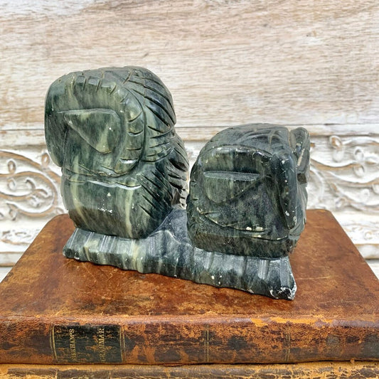 Vintage Carved Soapstone Pair of Owls Figurine /cb