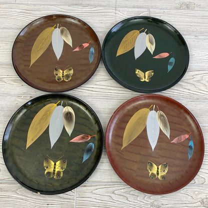 Vintage Mid-Century Enesco Lacquerware Leaf and Butterfly Plates/Trays Set/4, Made in Japan /cb