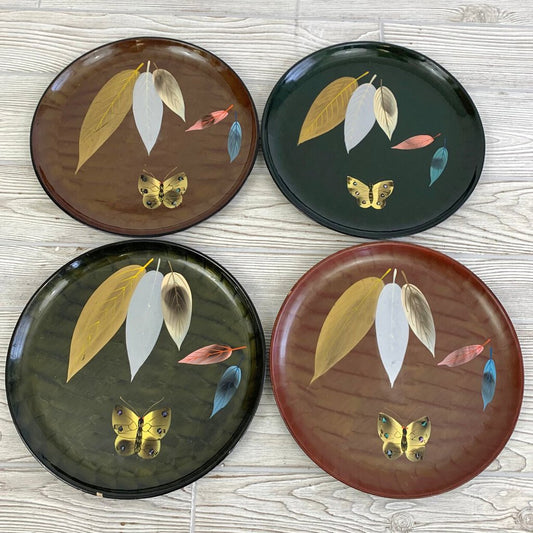 Vintage Mid-Century Enesco Lacquerware Leaf and Butterfly Plates/Trays Set/4, Made in Japan /cb