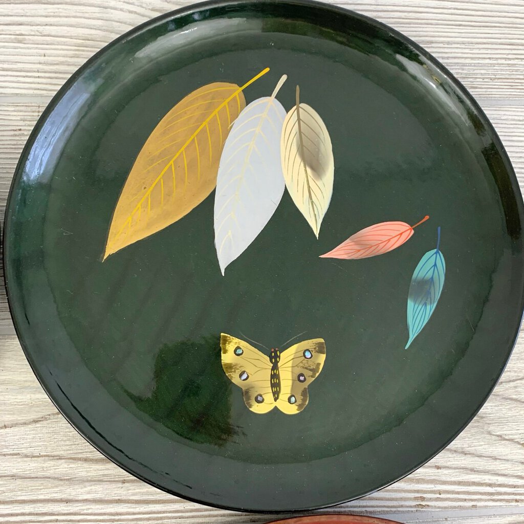 Vintage Mid-Century Enesco Lacquerware Leaf and Butterfly Plates/Trays Set/4, Made in Japan /cb