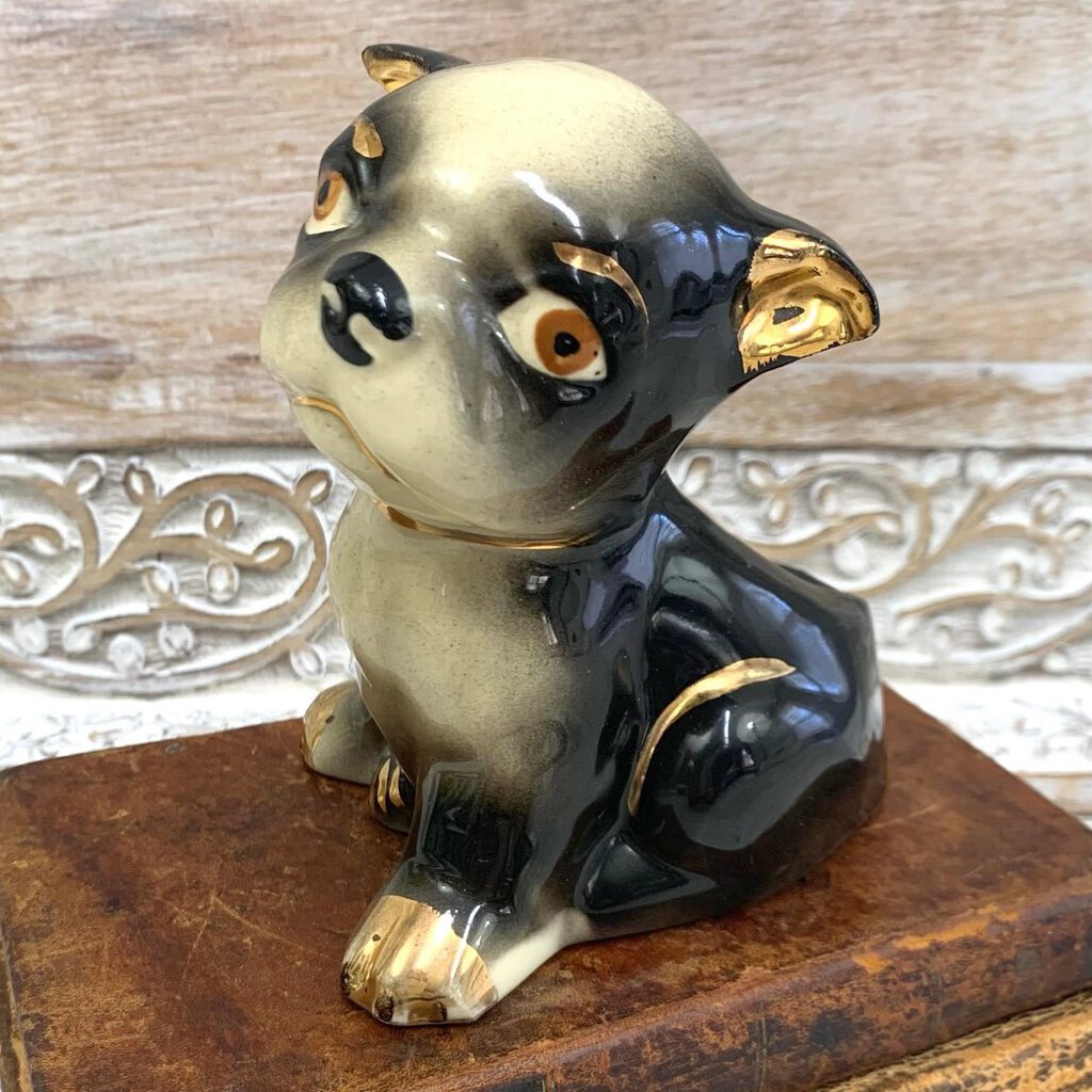 VIntage French Bulldog/Boston Terrier Ceramic Planter w/Gold Trim /cb