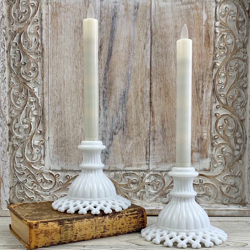 Pair Of Mid-Century Westmoreland Milk Glass Lattice Edge Candlesticks /cb