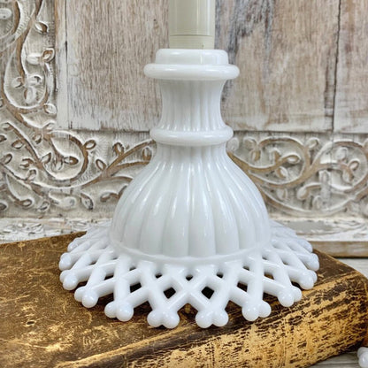 Pair Of Mid-Century Westmoreland Milk Glass Lattice Edge Candlesticks /cb