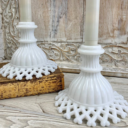 Pair Of Mid-Century Westmoreland Milk Glass Lattice Edge Candlesticks /cb