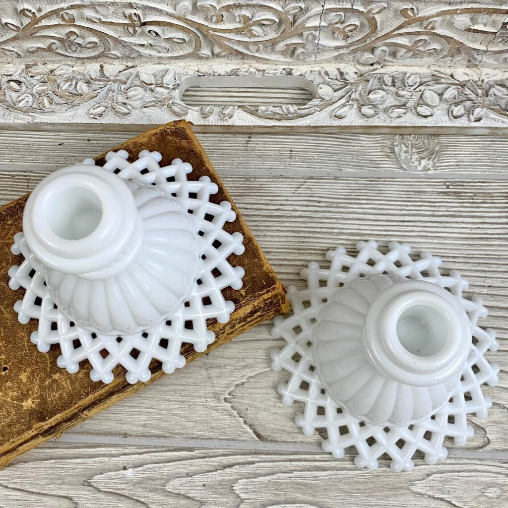 Pair Of Mid-Century Westmoreland Milk Glass Lattice Edge Candlesticks /cb