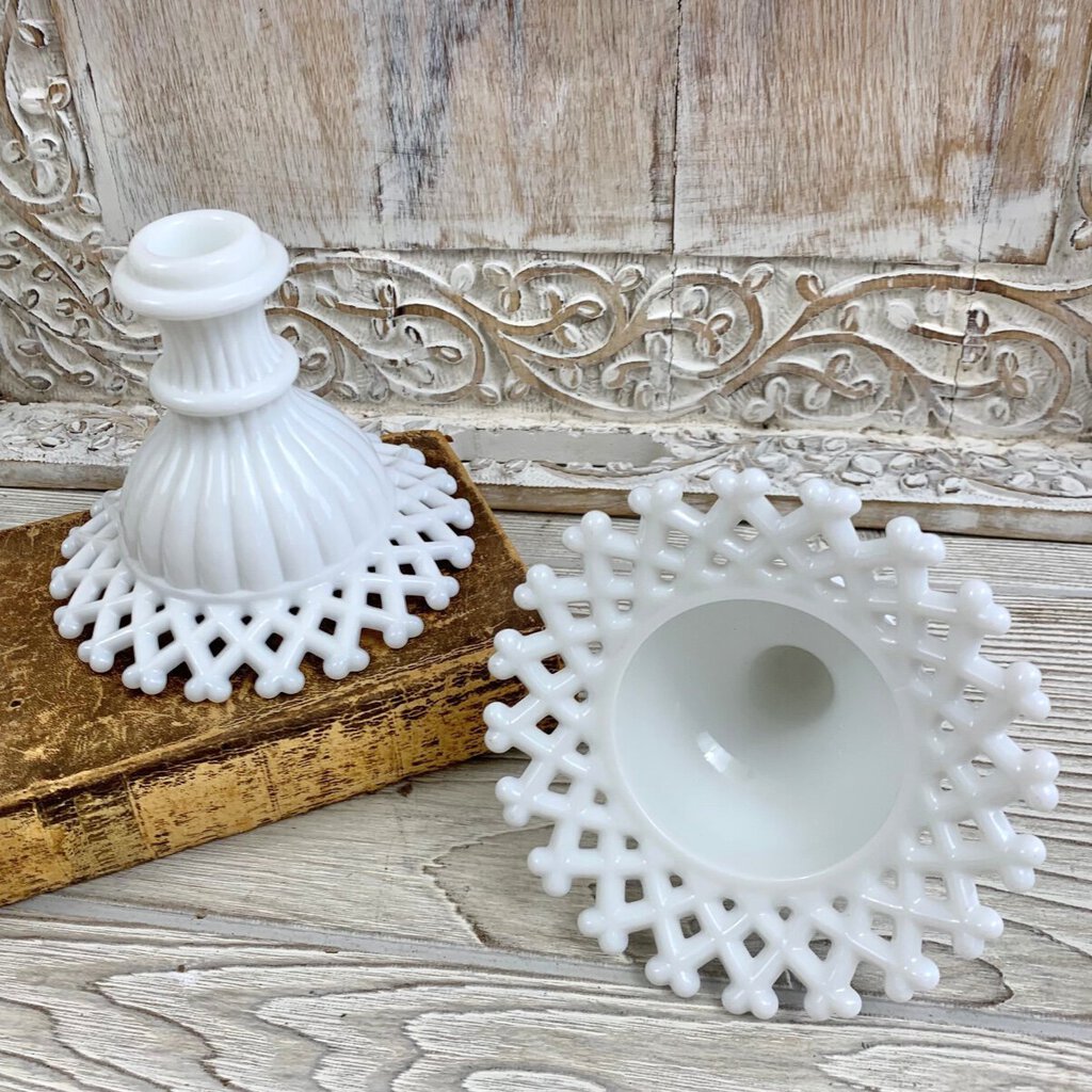 Pair Of Mid-Century Westmoreland Milk Glass Lattice Edge Candlesticks /cb