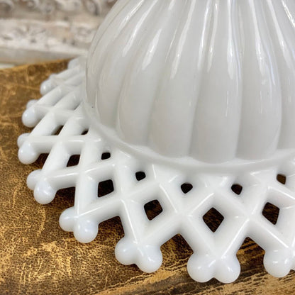 Pair Of Mid-Century Westmoreland Milk Glass Lattice Edge Candlesticks /cb