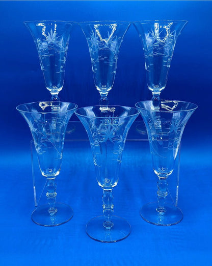 Vintage 1940’s Floral Etched Slender Wine Glass Set of 6 /b