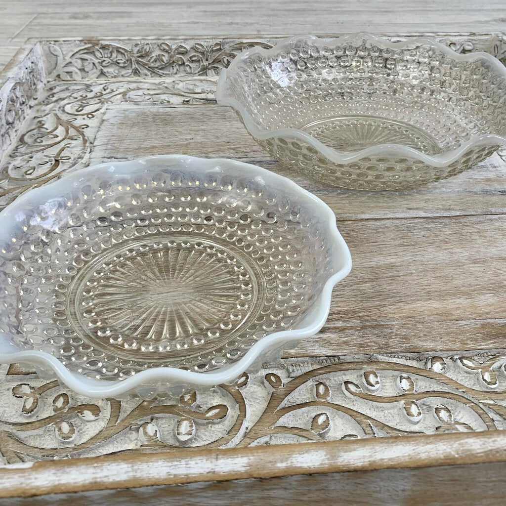 Vintage Anchor Hocking Hobnail Moonstone Opalescent Crimped Bowls Set/2 /cb