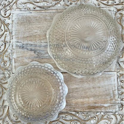 Vintage Anchor Hocking Hobnail Moonstone Opalescent Crimped Bowls Set/2 /cb