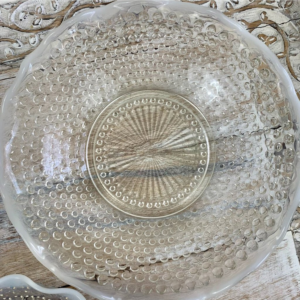 Vintage Anchor Hocking Hobnail Moonstone Opalescent Crimped Bowls Set/2 /cb