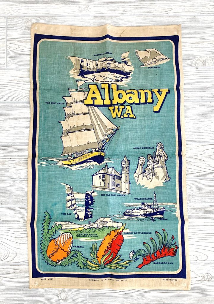 Vintage Albany WA Pure Linen Tea Towel Handprinted Designed in Western Australia and Made in Hong Kong /cb